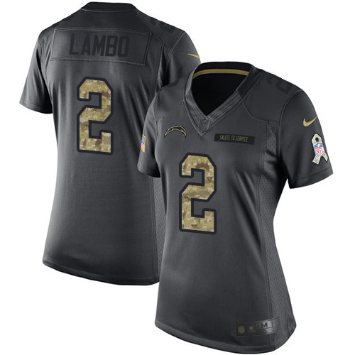 Women's Limited Josh Lambo Nike Jersey Black - #2 2016 Salute to Service NFL Los Angeles Chargers